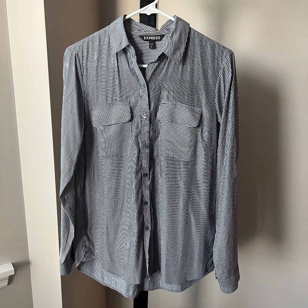 Express Blue & White Stripe Collared Button Down with Pockets - S